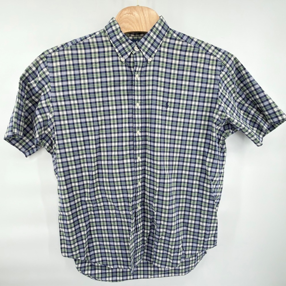 Ralph Lauren Blake Button Down Shirt Mens XL Navy Green White Plaid Short Sleeve